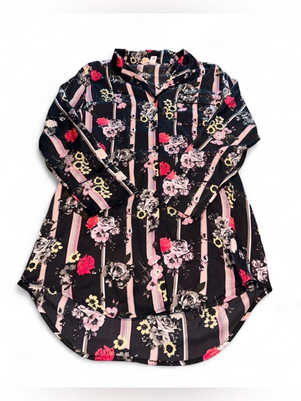 Victoria's Secret black & pink floral button-up dress with vertical stripes